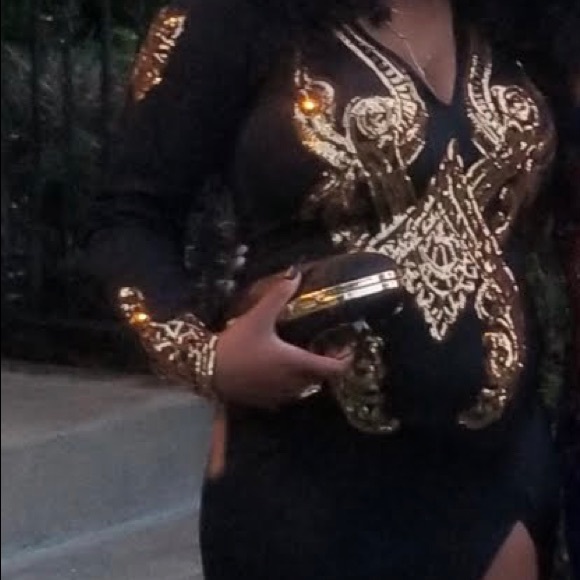 Custom Black and Gold Dress with Appliqués and Train - Picture 4 of 4